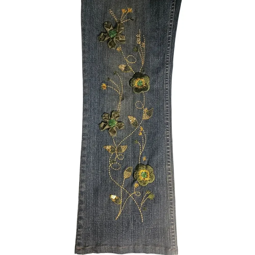 Vintage Willi Smith Floral Embroidered Jeans Size 8 Bootcut - Picture 4 of 8